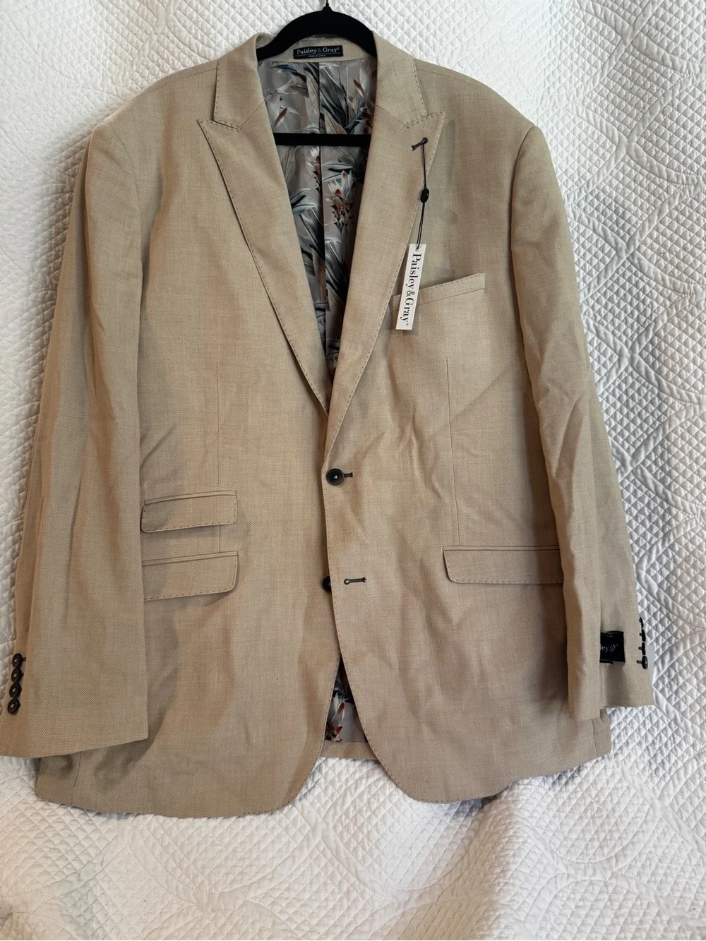 Paisley & Gray Slim Fit Sport Coat 52R Cream Beige Blazer Floral Lining NWT